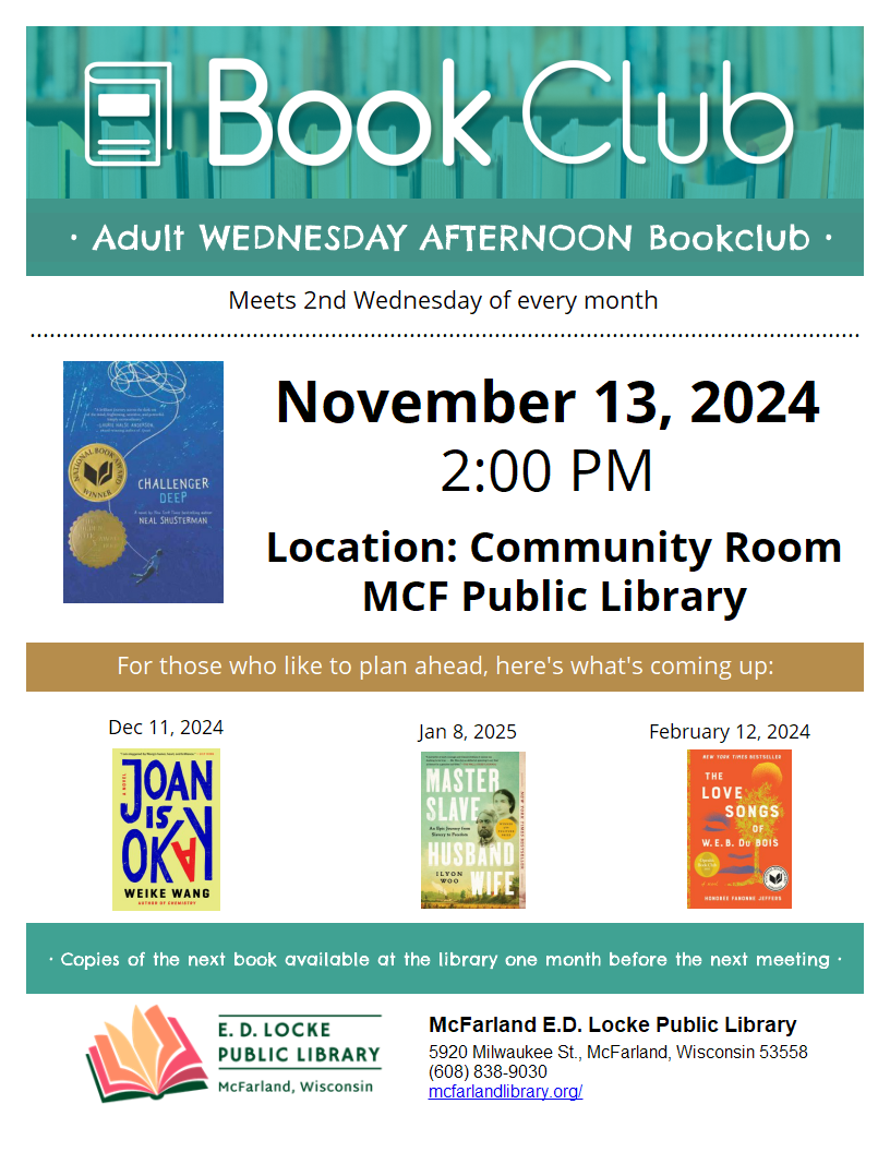 Flyer for November 13 Book Club