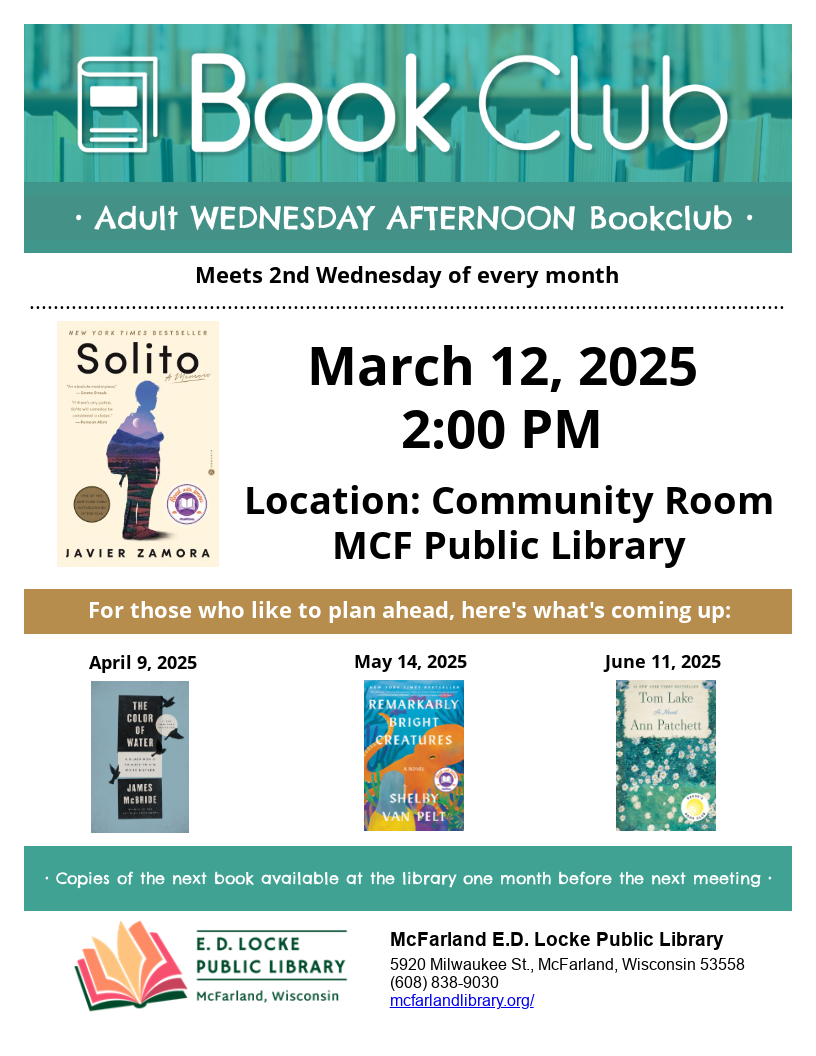 FLYER FOR THE MARCH 12 WEDNESDAY AFTERNOON BOOK CLUB SELECTION