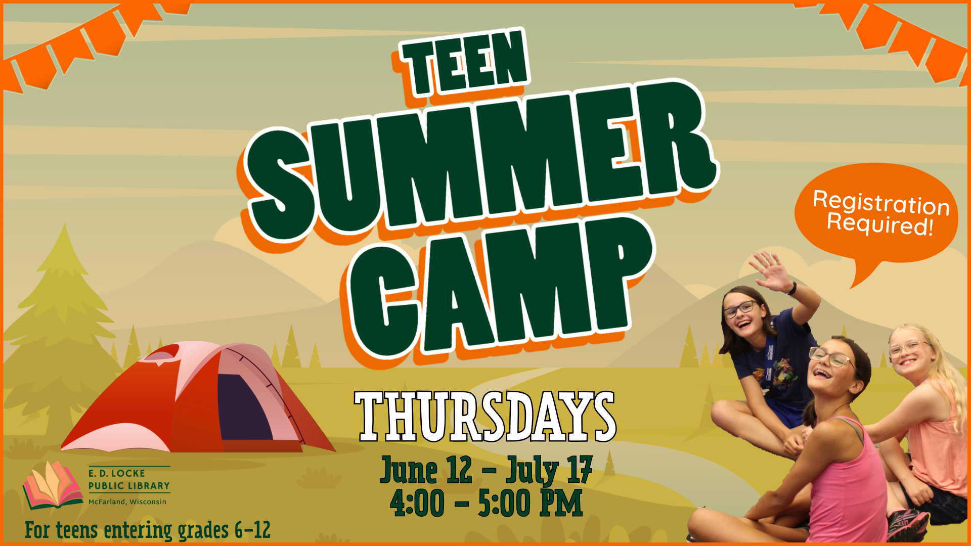 Teen Summer Camp; Thursdays, June 12 - July 17, 4 -5 PM, Registration Required.