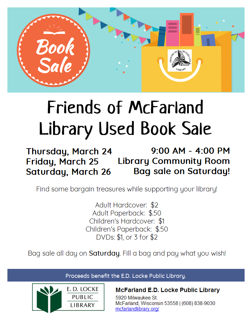 Friends used book sale flyer. March 24 - 26, 9-4:30