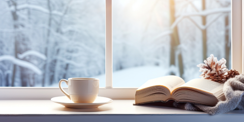 A book and a cup of tea are resting on a windowsill.  There is a frosted pinecone on the book.  Outside, the tree branches are laden with snow, and there is snow on the ground.