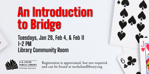 Join us for a three week session on how to play Bridge!  The sessions are Tuesdays, January 28, February 4, and February 11, from 1 to 2 PM in the Library Community Room.  Registration is appreciated, and can be found at https://forms.gle/7fPx6Kttn3UdGLMx7.