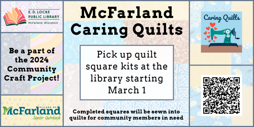 Quilt Square Kits can now be picked up at E.D. Locke Public Library.  Complete a square and return it to the library or Municipal Center.  Squares will be used to make quilts for community members in need.